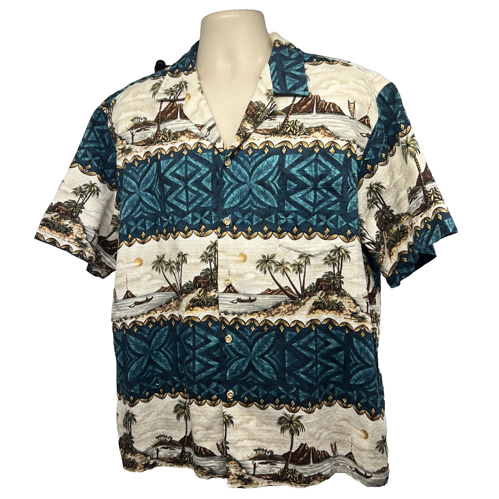 RJC Vintage Hawaiian Floral Tribal Barkcloth Button Shirt XL Pocket Hawaii USA